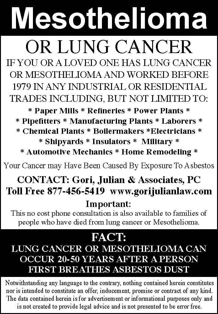 Gori Julian & Associates P.C. Mesothelioma and lung cancer legal services ad